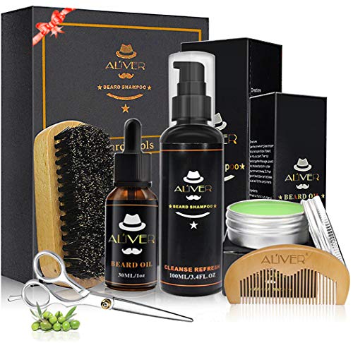 OKEEY Kit Barba Cuidado, Set De Regalo ORIGINAL Con 100ml Acondicionador Barba, Aceite Barba, Balsamo Barba, Cepillo Barba, Peine Barba, Tijeras Barba Para Hombre Barba Crecimiento, Limpieza y Belleza