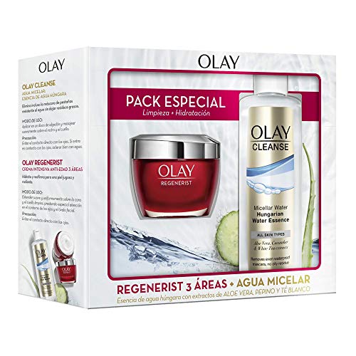 Olay Pack Regenerist 3 Áreas Crema Hidratante Día + Cleanse Agua Micelar Esencia de Agua Húngara con Extractos de Aloe Vera y Pepino