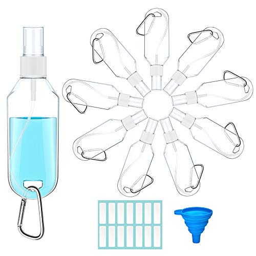 Olycism Botellas de Viaje Portátiles 10 PCS 50 ml Botella de Pulverizadores Portátil de Viaje con Llavero y 14 PCS Etiqueta Adhesiva y Embudo para Limpieza de Manos