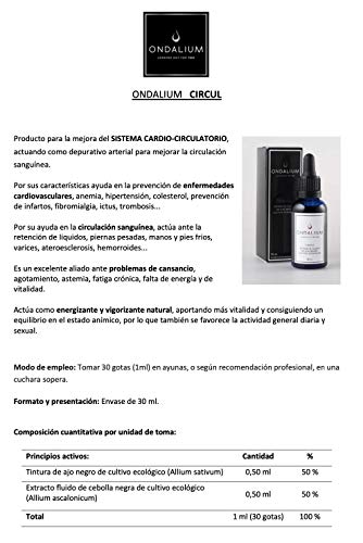 Ondalium Circul | Extracto fluido Circulatorio de Ajo Negro Ecológico español (1 mes) - Producto natural para el Sistema Cardio-circulatorio y como vigorizante sexual natural - 30 ml.