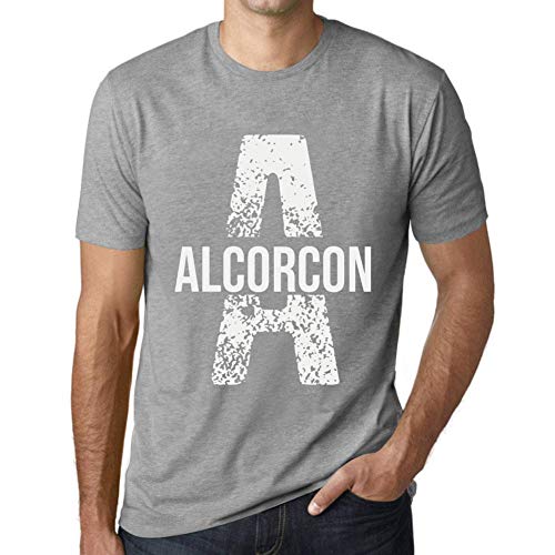 One in the City Hombre Camiseta Vintage T-Shirt Letter A Countries and Cities Alcorcon Gris Moteado