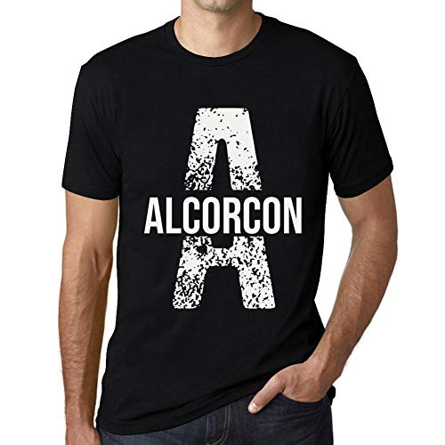 One in the City Hombre Camiseta Vintage T-Shirt Letter A Countries and Cities Alcorcon Negro Profundo Texto Blanco