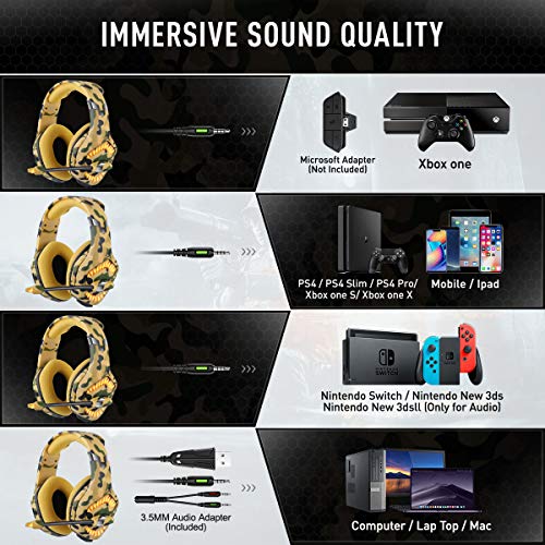 ONIKUMA Auriculares Ps4, Cascos Xbox One con Sonido Envolvente, Luz LED y Micrófono con Cancelación de Ruido Auriculares Gaming Sobre la Oreja para PS4 Xbox One PC Mac Laptop