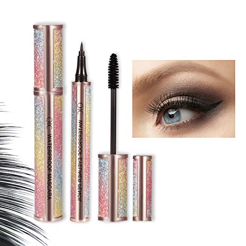 ONLYOILY Delineador de ojos a prueba de agua, delineador líquido negro, resistente al agua, antiincrustante+Fibra de lapestaña,pestañas máscara,Pestañas de fibra impermeables Máscara de pestañas