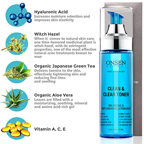 Onsen Japanese Clean & Clear Face Toner - Tónico diario para la piel Hidratante orgánico para minimizar la piel sensible y que minimiza los poros - Hecho de minerales japoneses de aguas termales - 5.6 oz / 165 ml