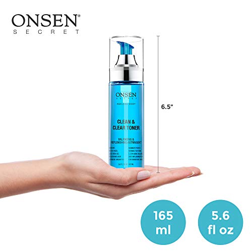 Onsen Japanese Clean & Clear Face Toner - Tónico diario para la piel Hidratante orgánico para minimizar la piel sensible y que minimiza los poros - Hecho de minerales japoneses de aguas termales - 5.6 oz / 165 ml