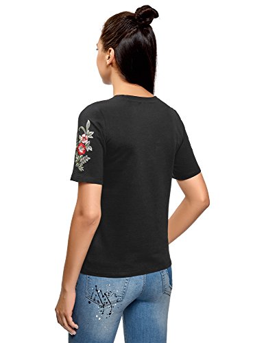 oodji Ultra Mujer Camiseta de Algodón con Bordado, Negro, ES 36 / XS