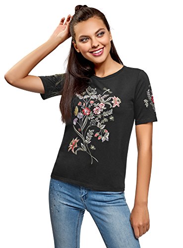 oodji Ultra Mujer Camiseta de Algodón con Bordado, Negro, ES 36 / XS
