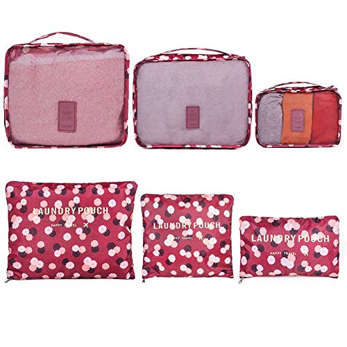 OPOOY 6 pc Set Embalaje organizadores - 3 Embalaje Cubos y Digital Accesorios Estuche Neceser Bolsa de lavandería Bolsa de Viaje-Vino Flor