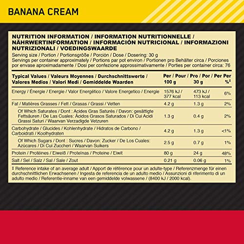 Optimum Nutrition ON Gold Standard 100% Whey Proteína en Polvo Suplementos Deportivos, Glutamina y Aminoacidos, BCAA, Crema de Plátano, 76 Porciones, 2.28kg, Embalaje Puede Variar