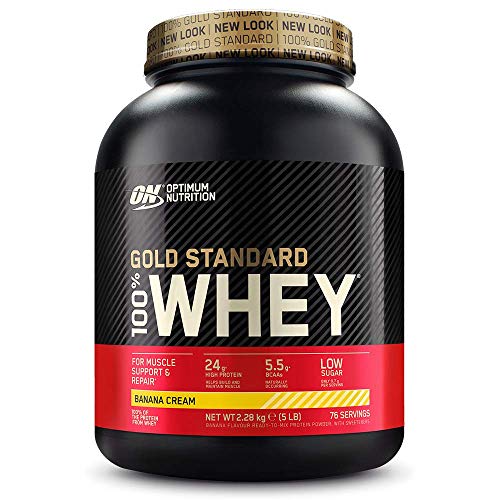 Optimum Nutrition ON Gold Standard 100% Whey Proteína en Polvo Suplementos Deportivos, Glutamina y Aminoacidos, BCAA, Crema de Plátano, 76 Porciones, 2.28kg, Embalaje Puede Variar