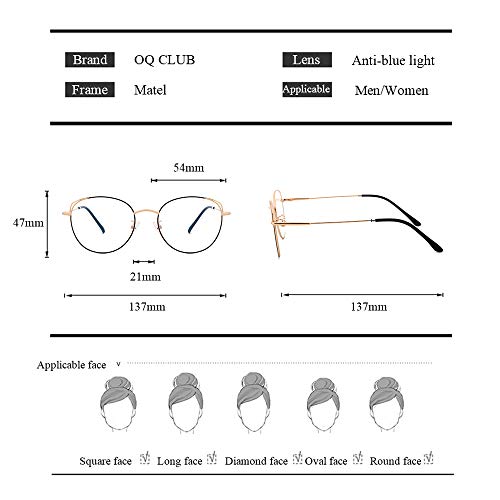 OQ CLUB Marco de Gafas de Metal Luz Anti-azul Marco de Los Lentes Grande Moda Anti Fatiga Unisexo (Oro Negro)
