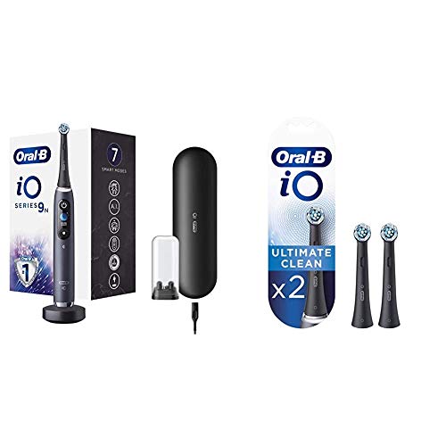 Oral-B iO 9n Cepillo Eléctrico Recargable Con Tecnología Braun, 1 Mango Negro, 1 Cabezal De Recambio, 1 Estuche De Viaje De Carga + Oral-B iO Ultimate Clean Black Cabezales de recambio, 2 Unidades