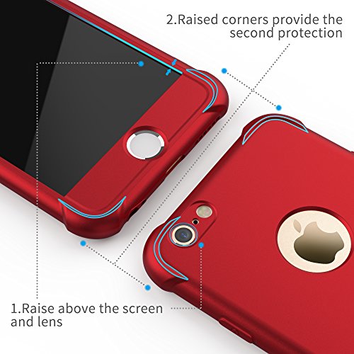 ORETECH Funda iPhone 6/6s, con [ 2X Protector de Pantalla de Vidrio Templado 360 Carcasa iPhone 6/6s Case Cover Silicona Ligera Delgado PC TPU Bumper Rubber Caso para iPhone 6 / 6s 4.7'' Rojo