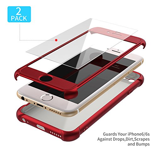 ORETECH Funda iPhone 6/6s, con [ 2X Protector de Pantalla de Vidrio Templado 360 Carcasa iPhone 6/6s Case Cover Silicona Ligera Delgado PC TPU Bumper Rubber Caso para iPhone 6 / 6s 4.7'' Rojo