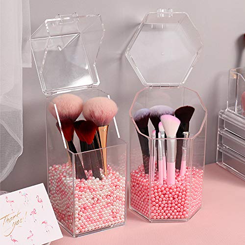 Organizador de maquillaje, organizador de brochas de maquillaje acrílico con un paquete de perlas de almacenamiento de brochas de maquillaje con tapa para cuarto de baño dormitorio(perla rosa)