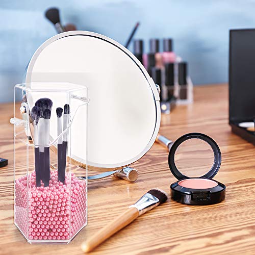 Organizador de maquillaje, organizador de brochas de maquillaje acrílico con un paquete de perlas de almacenamiento de brochas de maquillaje con tapa para cuarto de baño dormitorio(perla rosa)