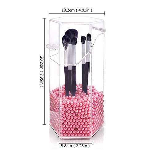 Organizador de maquillaje, organizador de brochas de maquillaje acrílico con un paquete de perlas de almacenamiento de brochas de maquillaje con tapa para cuarto de baño dormitorio(perla rosa)