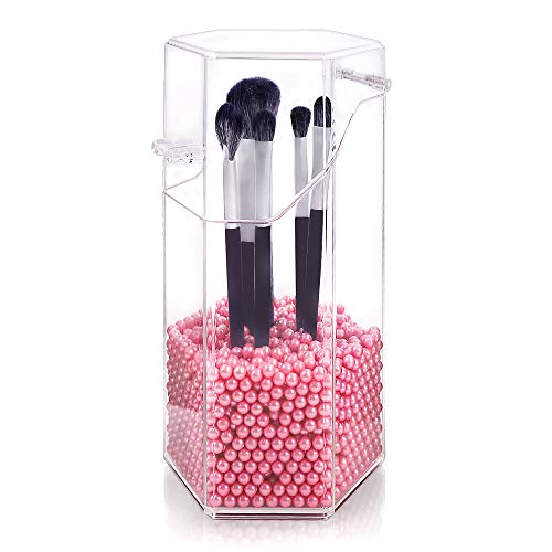 Organizador de maquillaje, organizador de brochas de maquillaje acrílico con un paquete de perlas de almacenamiento de brochas de maquillaje con tapa para cuarto de baño dormitorio(perla rosa)