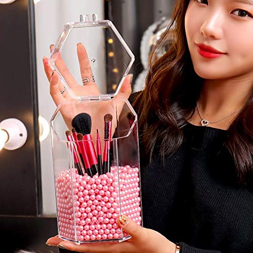 Organizador de maquillaje, organizador de brochas de maquillaje acrílico con un paquete de perlas de almacenamiento de brochas de maquillaje con tapa para cuarto de baño dormitorio(perla rosa)