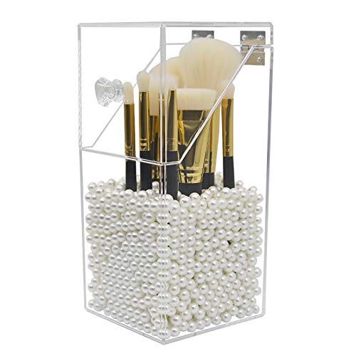 Organizador de pincel para maquillaje,organizadores acrílicos Dolovemk y caja a prueba de polvo Storager,organizador de maquillaje acrílico con tapa,para tocadores y baños,con perla blanco