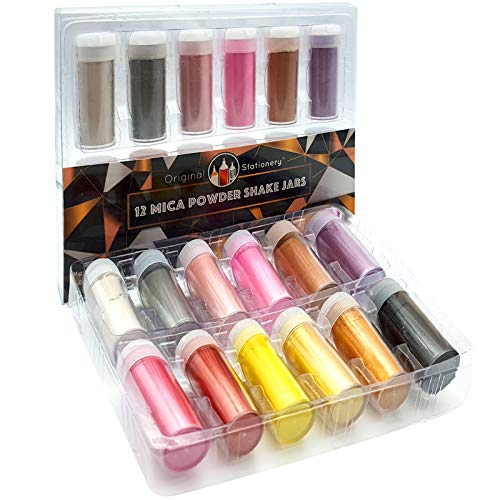 Original Stationery Pigmento Perlado de Mica en Polvo 12 Increíbles Colores Metálicos en Set de Regalo- Fabricación de Jabón, Slime, Bombas de Baño, Maquillaje, Uñas, Resina Epoxi, etc