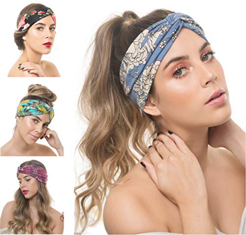 Osattia 4 Piezas Boho Diademas Cruzadas Con Nudos Para Mujer Turbante Bohemia Elástica De Estampado De Flores Cinta Para El Pelo