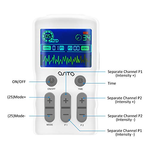 OSITO Electroestimulador TENS, Electroestimulador Digital con 25 Modos, 4 Electrodos, Electroestimulador Muscular para Aliviar el Dolor, Masajes, Estimulación Muscular y Relajación - Recargable