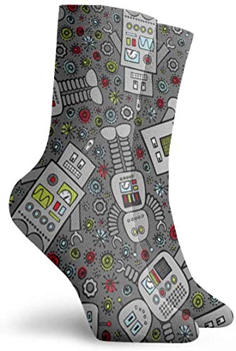 ouyjian Socks Breathable Retro Robot Scatter (Dark Gray Crew Sock Exotic Modern Women & Men Printed Sport Athletic Socks 11.8in