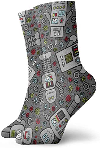 ouyjian Socks Breathable Retro Robot Scatter (Dark Gray Crew Sock Exotic Modern Women & Men Printed Sport Athletic Socks 11.8in