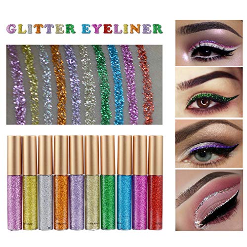 Ownest 10 Colors Liquid Glitter Eyeliner, Sombra de ojos con brillo metálico Shimmer, Sombra de ojos Shimmer Sparkling Eyeliner de larga duración a prueba de agua