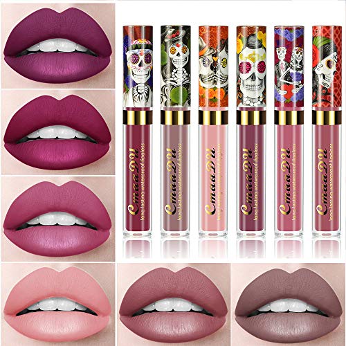 Ownest 6 color del lápiz labial Conjunto, la cara del cráneo terciopelo mate brillo de labios, lápiz labial de larga duración resistente al agua Set-6pcs