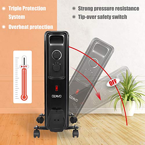 OZAVO Radiador de Aceite 9 Elementos 2000W,3 Niveles de Potencia,Control de Temperatura con termostato mecánico,Sistema Antivuelco