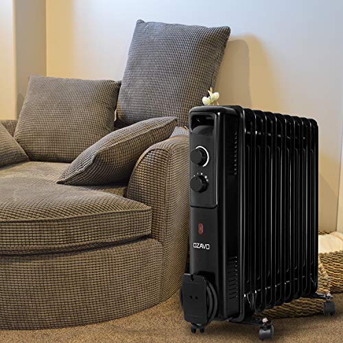 OZAVO Radiador de Aceite 9 Elementos 2000W,3 Niveles de Potencia,Control de Temperatura con termostato mecánico,Sistema Antivuelco