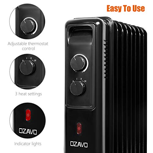 OZAVO Radiador de Aceite 9 Elementos 2000W,3 Niveles de Potencia,Control de Temperatura con termostato mecánico,Sistema Antivuelco