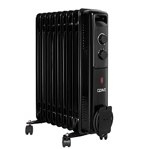 OZAVO Radiador de Aceite 9 Elementos 2000W,3 Niveles de Potencia,Control de Temperatura con termostato mecánico,Sistema Antivuelco