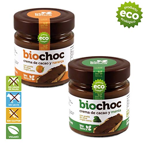 PACK bioChoc Cremas de cacao con Aceite de Oliva Virgen Extra naranja y menta Ecológico. Crema de cacao para untar VEGANA - SIN GLUTEN - SIN LECHE - SIN HUEVO 100% BIO