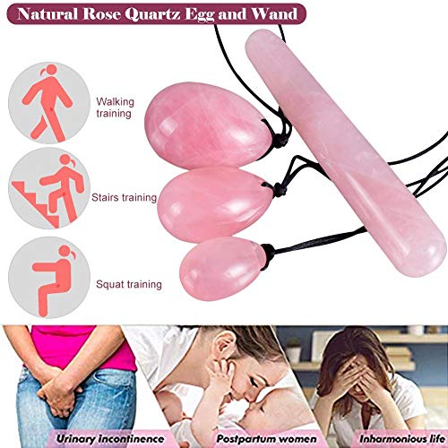 Pack de 4 Yoni Huevos Rosa Cuarzo, Perforado, con unwaxed Cadena, Piedra para Las Mujeres de Masaje para Fortalecer los músculos pélvicos