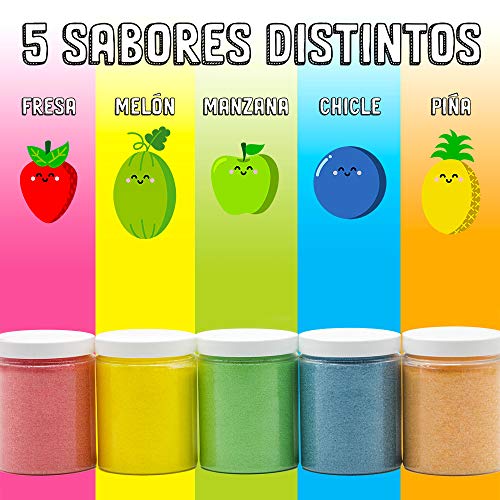 Pack de 5 Tarros para Algodón de Azúcar de Sabores + 20 Palos de Madera Reutilizables. 5 Botes de Azúcar para hacer Nubes Dulces de Algodón + 20 Varillas de Regalo
