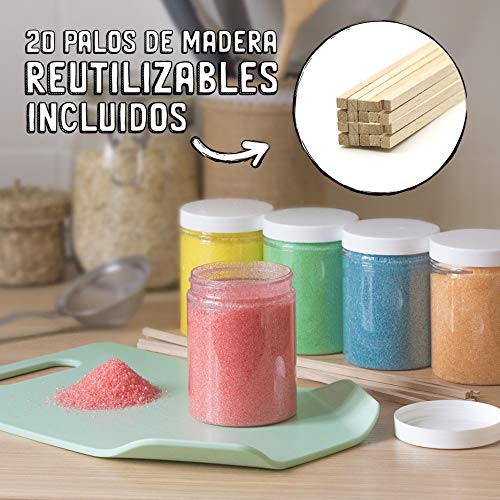 Pack de 5 Tarros para Algodón de Azúcar de Sabores + 20 Palos de Madera Reutilizables. 5 Botes de Azúcar para hacer Nubes Dulces de Algodón + 20 Varillas de Regalo