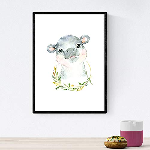 Pack de Cuatro láminas con Ilustraciones de Animales. Posters con imágenes Infantiles de Animales. Cabra girafa hipopotamo y Leon. Tamaño A4 sin Marco