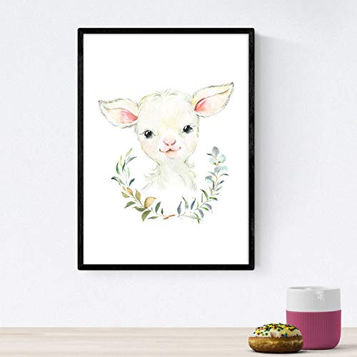 Pack de Cuatro láminas con Ilustraciones de Animales. Posters con imágenes Infantiles de Animales. Cabra girafa hipopotamo y Leon. Tamaño A4 sin Marco