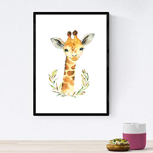 Pack de Cuatro láminas con Ilustraciones de Animales. Posters con imágenes Infantiles de Animales. Cabra girafa hipopotamo y Leon. Tamaño A4 sin Marco
