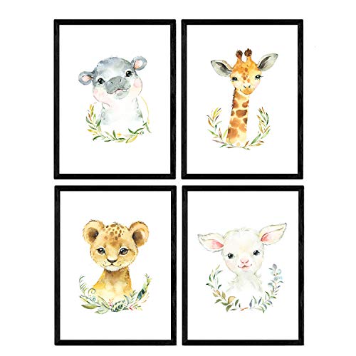 Pack de Cuatro láminas con Ilustraciones de Animales. Posters con imágenes Infantiles de Animales. Cabra girafa hipopotamo y Leon. Tamaño A4 sin Marco