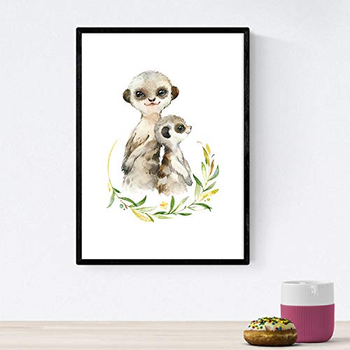 Pack de Cuatro láminas con Ilustraciones de Animales. Posters con imágenes Infantiles de Animales. Girafa hipopotamo uricatas y Leon. Tamaño A4 sin Marco…