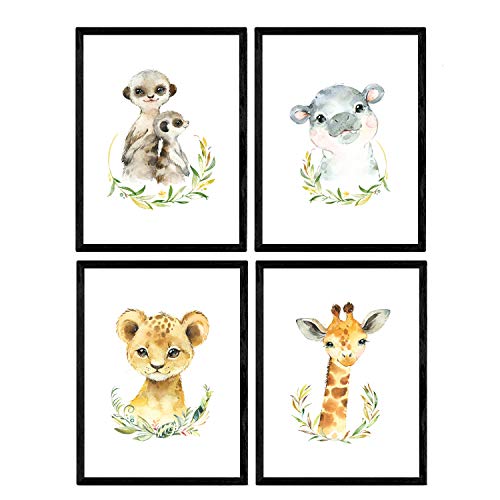 Pack de Cuatro láminas con Ilustraciones de Animales. Posters con imágenes Infantiles de Animales. Girafa hipopotamo uricatas y Leon. Tamaño A4 sin Marco…