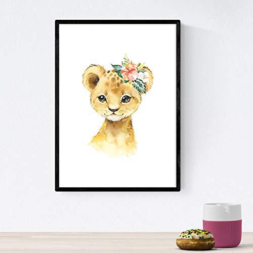 Pack de Cuatro láminas con Ilustraciones de Animales. Posters con imágenes Infantiles de Animales. Leon Alpaca Conejo y Vaca. Tamaño A3 sin Marco