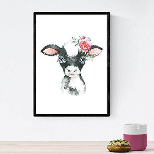 Pack de Cuatro láminas con Ilustraciones de Animales. Posters con imágenes Infantiles de Animales. Leon Alpaca Conejo y Vaca. Tamaño A3 sin Marco