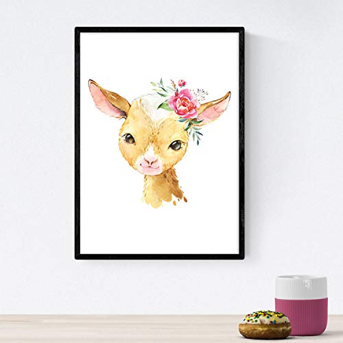 Pack de Cuatro láminas con Ilustraciones de Animales. Posters con imágenes Infantiles de Animales. Leon Alpaca Conejo y Vaca. Tamaño A3 sin Marco