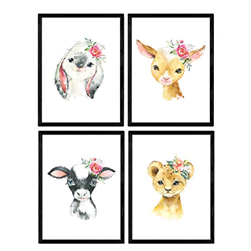 Pack de Cuatro láminas con Ilustraciones de Animales. Posters con imágenes Infantiles de Animales. Leon Alpaca Conejo y Vaca. Tamaño A3 sin Marco